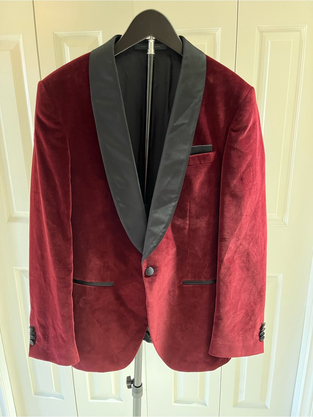 Hugo Boss Men's Deep Red Velvet Tuxedo Jacket with Black Satin Shawl Collar